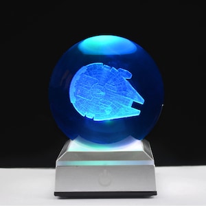 3D Star Wars 80mm Hologram Millenium Falcon K9 Crystal Glass Ball with LED light base [Multi-color Option]