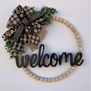 Everyday Wood Bead Welcome Wreath, Mothers Day Wreath, Front Door Wreath