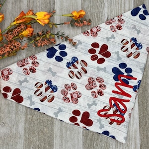 Patriotic Paw Print Over the Collar Dog Bandana | 4th of July Dog Bandana, American Handkerchief for Dog, Partiotic Dog Collar, Puppy Collar