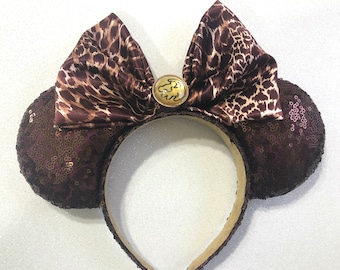 Animal Kingdom Disney Minnie Ears Simba Giraffe Print Sequin Sparkle Satin Bow