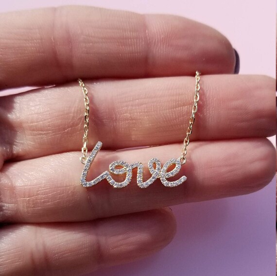 14k Yellow Gold Script Love Necklace With Pave Set Diamonds. Etsy