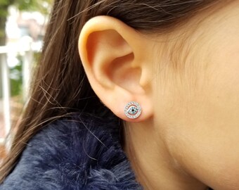 14k white gold evil eye stud earrings with pave set multi-color CZ's and screw backs