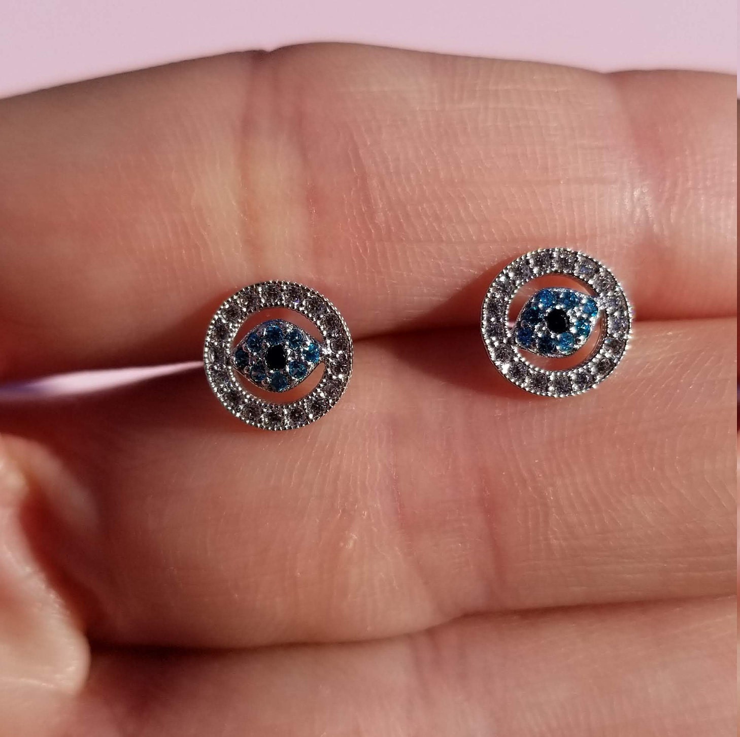 14k White Gold Evil Eye Stud Earrings With Pave Set - Etsy
