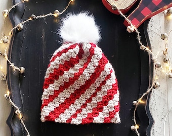 Candy Cane Stripes Crochet Beanie Pattern: C2C Christmas Hat (PDF Pattern)