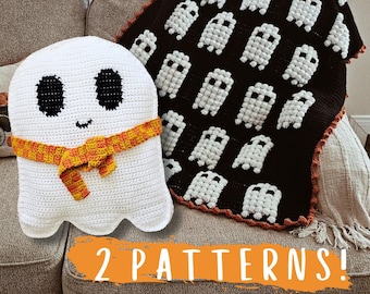 Lot de motifs au crochet pour Halloween : oreiller et couverture fantômes (PDF)