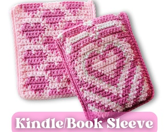 Crochet Pattern, Valentines Day Book Sleeve, E-Reader Sleeve, Retro Heart Crochet Pattern, Crochet Gift Idea, Pink Crochet Book Sleeve