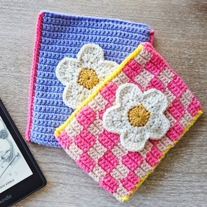 Crochet Pattern, Crochet Book Sleeve, Crochet Kindle Cover, Crochet Book Cover, Kindle Nook Sleeve, Crochet Flower Applique, ipad sleeve