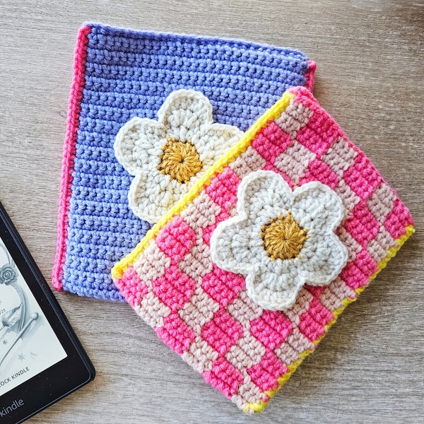 Crochet Pattern, Crochet Book Sleeve, Crochet Kindle Cover, Crochet Book Cover, Kindle Nook Sleeve, Crochet Flower Applique, ipad sleeve