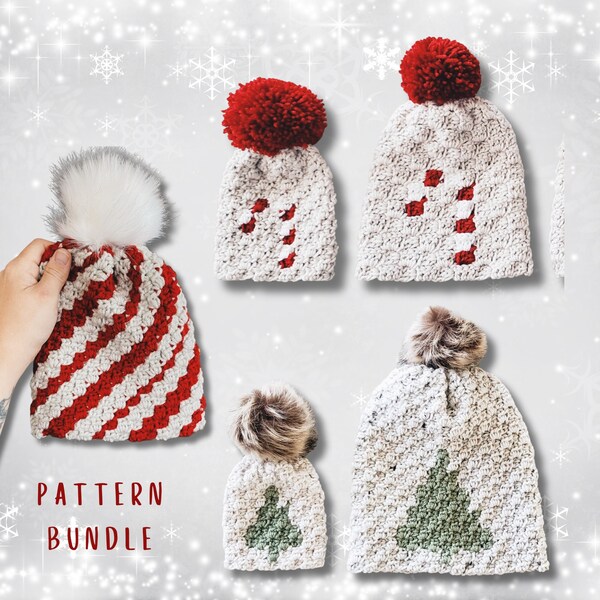 C2C Crochet Hat Pattern Bundle: Christmas Beanies (PDF Pattern)