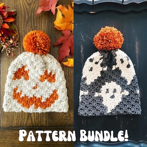 Modèle au crochet c2c, bonnet d'Halloween au crochet, lot de motifs au crochet, motif bonnet fantôme, motif bonnet citrouille, motif au crochet c2c facile