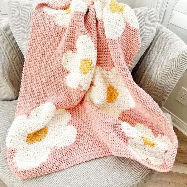 Crochet Pattern, Flower Throw Blanket, Pink Flowers Crochet Pattern, Baby Girl Blanket Pattern, Easy Crochet Patterns, Crochet for Girls