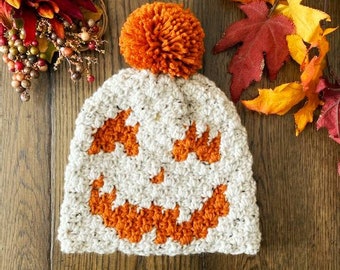 Crochet Pumpkin Beanie Pattern: Easy C2C Jackolantern Design (PDF Pattern)