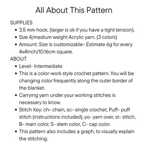 May include: A white graphic with the text "All About This Pattern" lists crochet supplies and instructions. Includes a 3.5 mm hook, acrylic yarn, and stitch key. The pattern is intermediate level and color-work style.