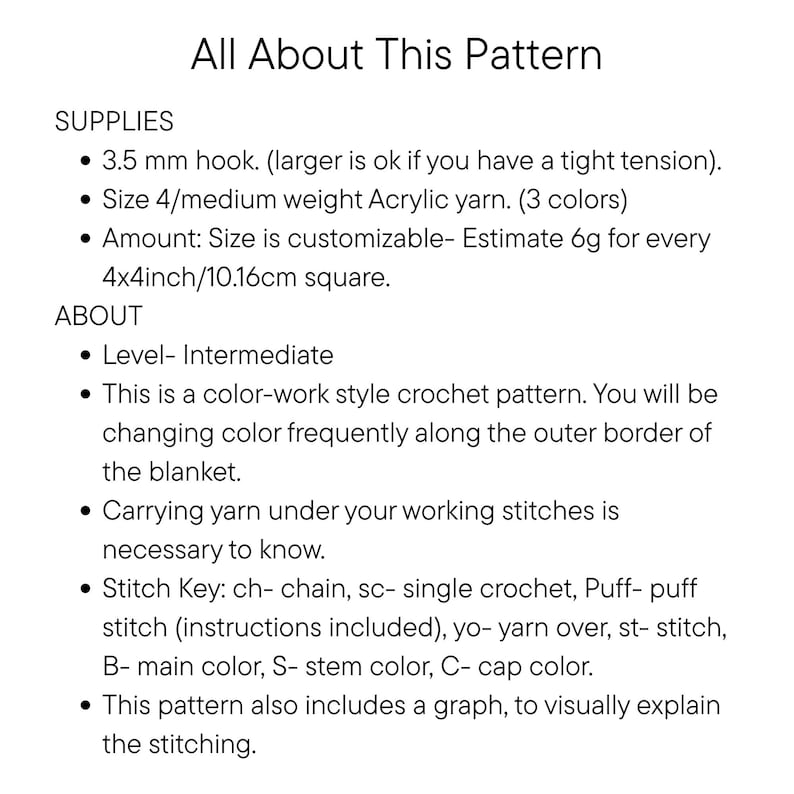 May include: A white graphic with the text "All About This Pattern" lists crochet supplies and instructions. Includes a 3.5 mm hook, acrylic yarn, and stitch key. The pattern is intermediate level and color-work style.
