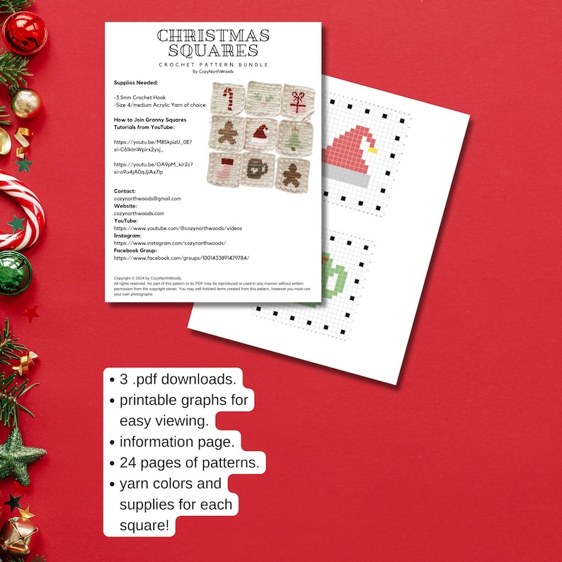 May include: A printable crochet pattern bundle for Christmas squares. The bundle includes 3 PDF downloads, printable graphs for easy viewing, an information page, 24 pages of patterns, yarn colors and supplies for each square. The image shows a sample of the patterns, including a Santa hat, a Christmas tree, and a gingerbread man.
