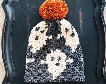 Patroon Halloween Ghost gehaakte beanie: C2C-muts (pdf-patroon)
