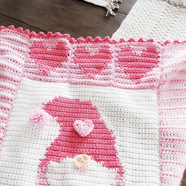 Crochet Valentine's Day Blanket Pattern, Gnome Baby Blanket Crochet Pattern, Pink Crochet Baby Blanket