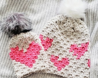 Crochet Beanie Pattern, Heart Beanie, Crochet Hat Pattern, c2c Crochet Pattern, Crochet Heart Pattern, Valentines Day Crochet Patterns