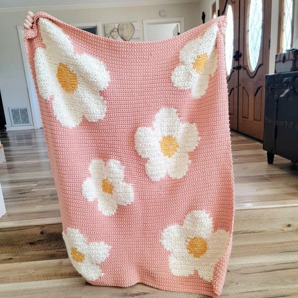 Daisy Crochet Blanket Pattern Crochet Flower Afghan Daisy Flower Throw Blanket Tutorial Pink Crochet Pattern for Girl Single Crochet Pattern