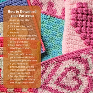Puede incluir: Un gr&aacute;fico colorido con instrucciones sobre c&oacute;mo descargar patrones de Etsy. El texto dice: "C&oacute;mo descargar tus patrones: 1. Inicia sesi&oacute;n en tu cuenta de Etsy. 2. Haz clic en Tu cuenta 3. Haz clic en Compras y rese&ntilde;as 4. Haz clic en el bot&oacute;n Descargar archivos a la derecha de la compra. 5. Tu patr&oacute;n se descargar&aacute; a tu computadora. 6. NO puedes acceder a tus descargas desde la aplicaci&oacute;n de Etsy en este momento. 7. Si est&aacute;s usando un tel&eacute;fono/tableta: usa la aplicaci&oacute;n de Internet para iniciar sesi&oacute;n en tu cuenta de Etsy. 8. Env&iacute;a el patr&oacute;n a tu tel&eacute;fono/tableta f&aacute;cilmente envi&aacute;ndolo por correo electr&oacute;nico a ti mismo."
