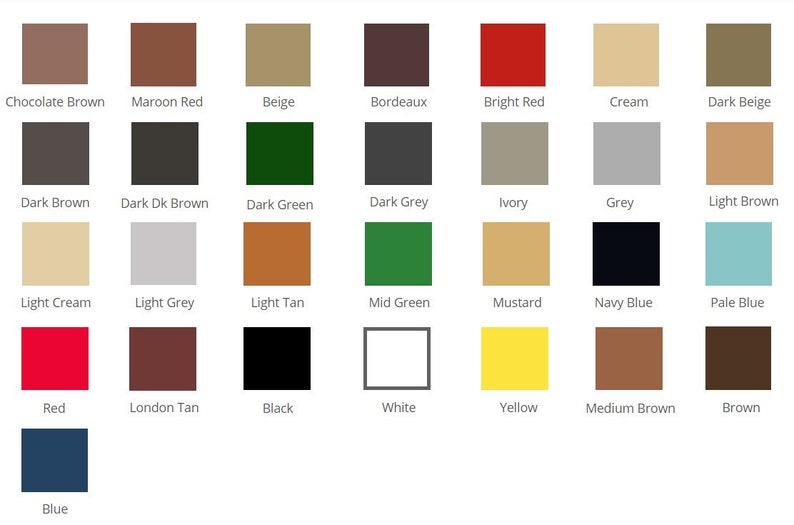 Pu&ograve; includere: Una tavolozza di colori con 30 campioni di colori distinti. I colori vanno dal marrone cioccolato, rosso amaranto e beige al rosso brillante, crema e beige scuro. Altri colori includono marrone scuro, verde scuro, grigio scuro, avorio, grigio e marrone chiaro.