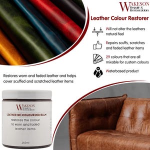 May include: A jar of leather re-colouring balm with the text "Leather Re-Colouring Balm" and "restores the colour to worn and faded leather items." The image also shows swatches of leather in various colours and a leather sofa. The product is water-based and repairs scuffs and scratches.
