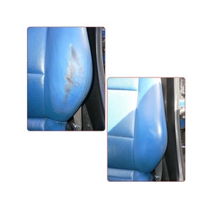 Pu&ograve; includere: Confronto prima e dopo di un sedile auto blu. L'immagine a sinistra mostra danni e scolorimento. L'immagine a destra mostra il sedile restaurato, liscio e vibrante.