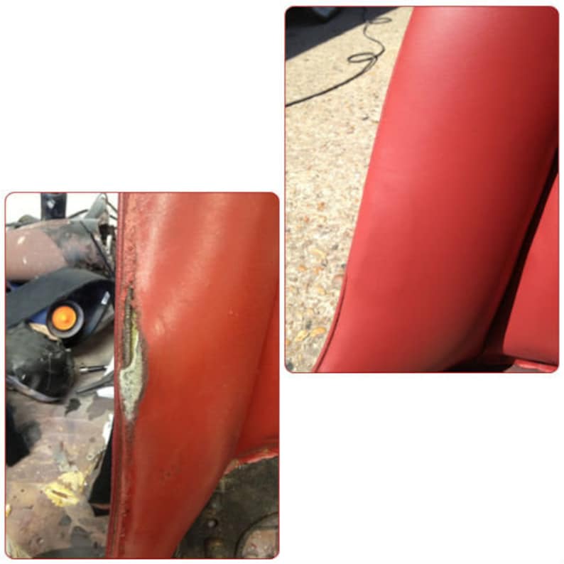 Pu&ograve; includere: Primo piano di un sedile auto in pelle rossa con usura visibile. Il sedile mostra segni di danneggiamento, con una sezione del materiale strappata e riparata. L'immagine evidenzia la consistenza e il colore della pelle.
