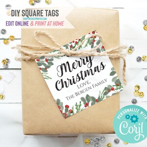 Square Christmas Tags - Corjl Template - Digital File Only - Edit Online & Print at Home - 2&quot; Hangtags - Red Green Mistletoe (2HCH3-10A)