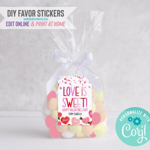 Valentine&#39;s Day Stickers - Corjl Template - Digital File - Edit Online & Print at Home - 2x3&quot;- Red Pink Hearts Love is Sweet XOXO (2HVD3-9D)