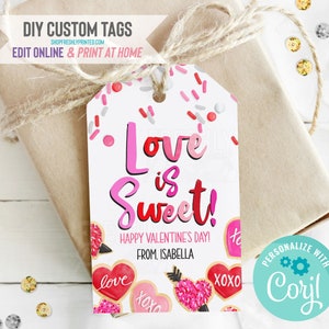 Valentine&#39;s Day Tags - Corjl Template - Digital File Only - Edit Online & Print at Home - 2x3.5&quot; - Pink Red Hearts Love is Sweet (2HVD3-10D)