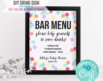 Editable Drink Sign - Corjl Template - Digital File - Edit Online & Print at Home - 8x10" Bar Menu Rainbow Dots Confetti Print (2NRP1-8A)