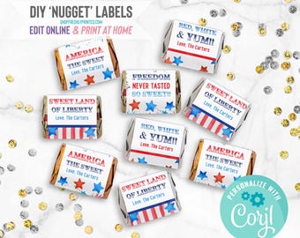 Modello modificabile per incarto di Hershey's® Nuggets per il 4 luglio, etichette patriottiche per caramelle, bomboniere al cioccolato per il Giorno dell'Indipendenza, Corjl (2H4J3-3F)