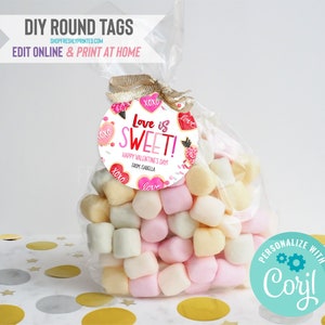 Valentine&#39;s Day Tags - Corjl Template - Digital File - Edit Online & Print at Home - 2.5&quot; Circle - Red Pink Hearts Love is Sweet (2HVD3-10B)