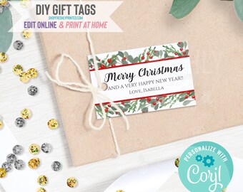 May include: A gift tag with the text "Merry Christmas and a very happy new year!!" is tied to a wrapped package with twine. The tag has a white background with red accents and a green and red floral design. The text "DIY GIFT TAGS" is at the top.