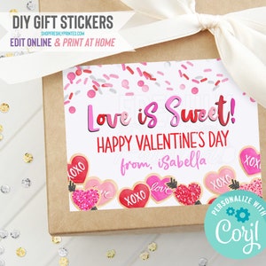 Valentine&#39;s Day Stickers - Corjl Template - Digital File - Edit Online & Print at Home - 4x3&quot;- Red Pink Hearts Love is Sweet XOXO (2HVD3-9H)