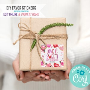 Valentine&#39;s Day Stickers - Corjl Template - Digital File - Edit Online & Print at Home - 3&quot; - Red Pink Hearts Love is Sweet XOXO (2HVD3-9D)
