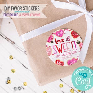 Valentine&#39;s Day Stickers - Corjl Template - Digital File - Edit Online & Print at Home - 2&quot; - Love is Sweet XOXO Pink Red Hearts (2HVD3-9A)