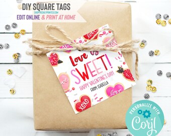 Valentine's Day Tags - Corjl Template - Digital File Only - Edit Online & Print - 2" Hangtags - Love Is Sweet Red Pink Hearts (2HVD3-10A)