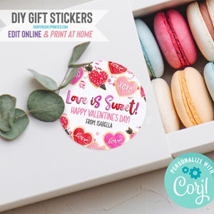Valentine&#39;s Day Stickers - Corjl Template - Digital File - Edit Online & Print at Home - 2.5&quot;- Red Pink Hearts Love is Sweet XOXO (2HVD3-9B)