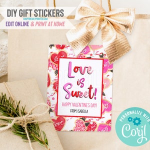 Valentine&#39;s Day Stickers - Corjl Template - Digital File - Edit Online & Print at Home - 4x3&quot;- Red Pink Hearts Love is Sweet XOXO (2HVD3-9G)
