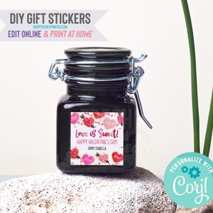 Valentine&#39;s Day Stickers - Corjl Template - Digital File - Edit Online & Print at Home - 2&quot; - Red Pink Hearts Love is Sweet XOXO (2HVD3-9C)
