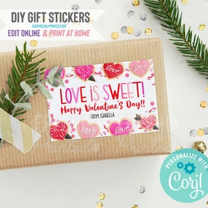 Valentine&#39;s Day Stickers - Corjl Template - Digital File - Edit Online & Print at Home - 3x2&quot;- Red Pink Hearts Love is Sweet XOXO (2HVD3-9F)