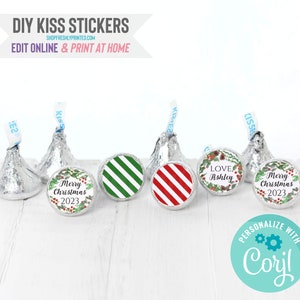Christmas Hershey Kiss Labels - Corjl Template - Digital File Only - Edit Online Print at Home - .75&quot; - Red Green Mistletoe Xmas (2HCH3-3D)