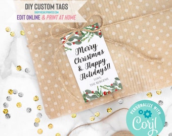May include: A gift wrapped in brown paper with white polka dots, tied with twine, and adorned with a holiday gift tag. The tag reads "Merry Christmas & Happy Holidays!!" with a watercolor design of greenery and berries. Text on the tag says "Love, The Bergens."