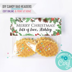 Puede incluir: Un adorno para bolsa de regalo de Navidad imprimible con un diseño floral verde, rojo y marrón. El adorno dice "¡Feliz Navidad! mucho amor, Ashley".