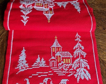 Vintage Zweedse kersttafelloper, handgeborduurd, Scandinavische volkskunst, rood