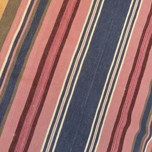 Puede incluir: Primer plano de una tela a rayas con rayas diagonales en tonos rosa, azul, marrón y blanco. La tela parece tejida, con una superficie texturizada.