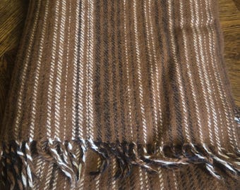 Vintage Zweedse wollen deken – jaren 1970, bruin/beige strepen, franje, boho, boerderij, rustiek, Scandinavisch