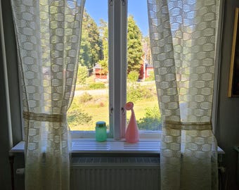 Vintage 1960s Pastellfarbene Spitzengardinen - Mid-Century Geometrische Scandi Vorhänge, Cottagecore Paneele